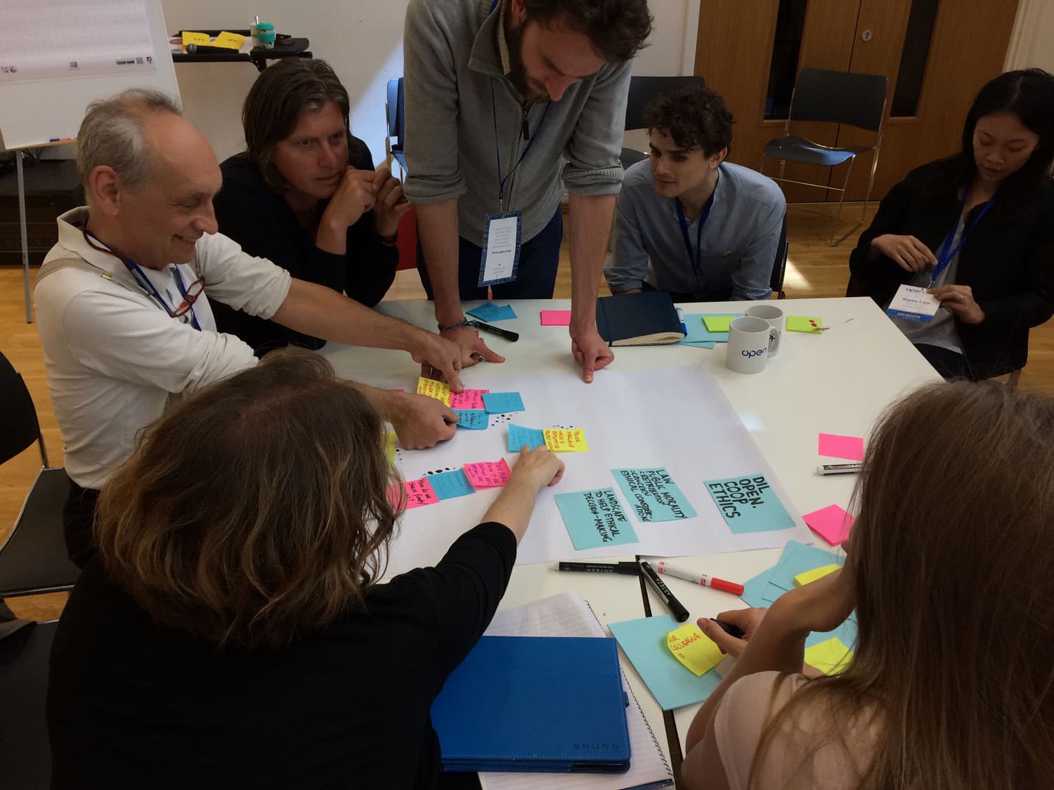 A group working together around a table covered in sticky notes